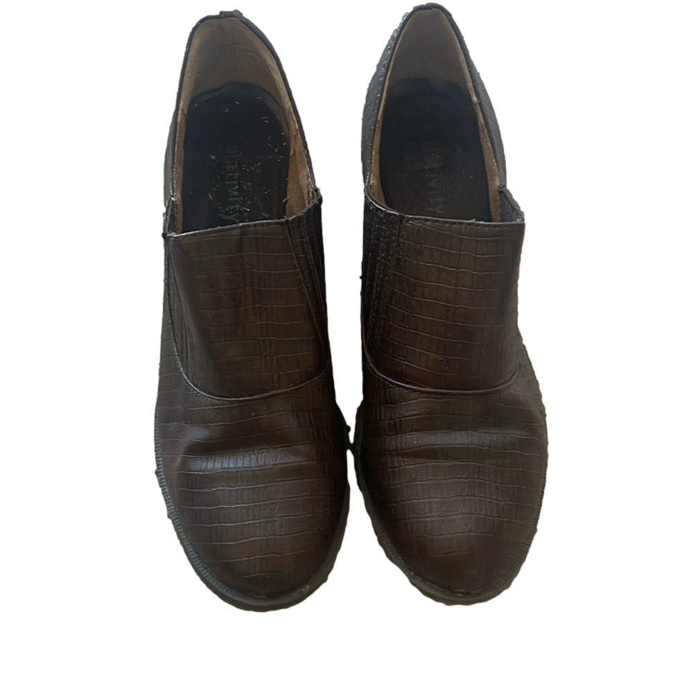 relativity brown heeled booties snake skin design